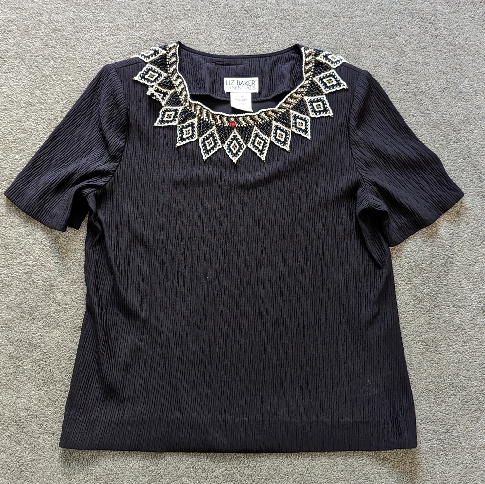 Liz Baker Essentials vintage short sleeve blouse beaded neck women's size 10